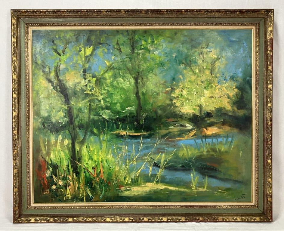 20th Century, Impressionist Landscape, Oil Painting: This vibrant impressionist oil on canvas painting features a lush landscape rendered in a predominantly green and blue palette, with dappled yellow sunlight beautifully highlighting the foliage.