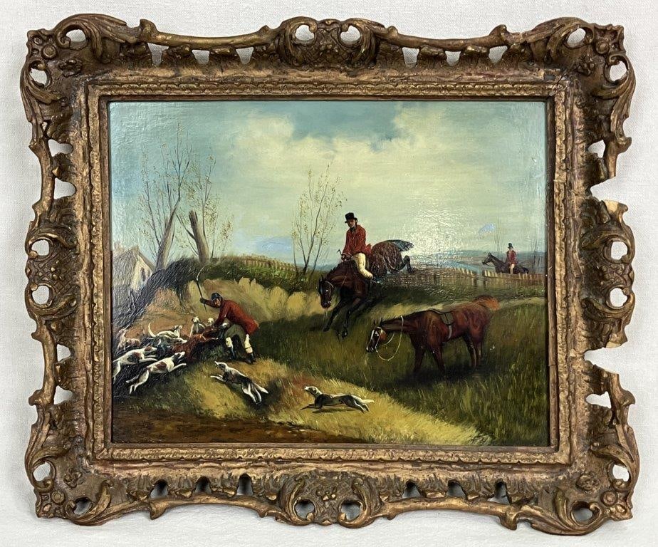 Fox Hunt Scene, Oil on Board: A stunning rendition of a fox hunt scene with hunters and hounds in pursuit of their prey. This masterful oil on board is housed in an ornate frame. The frame measures approximately 12Â½