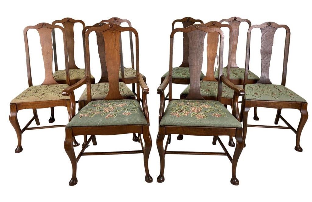 Ten Walnut Queen Anne Dining Chairs (1 of 6)