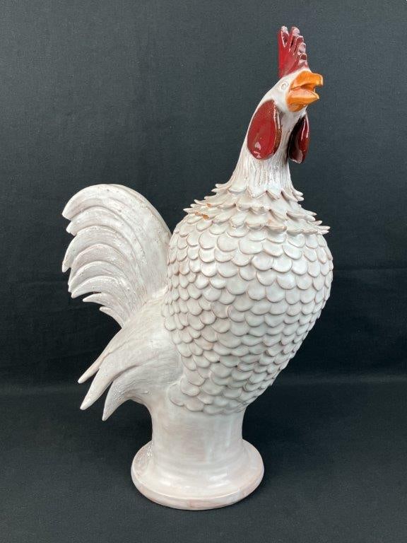 Charlie West Folk Art Pottery Rooster: This striking Georgia folk art pottery rooster by noted artisan Charlie West features a vibrant combination of warm red and orange glazes accenting its features, beautifully contrasted by a soft
