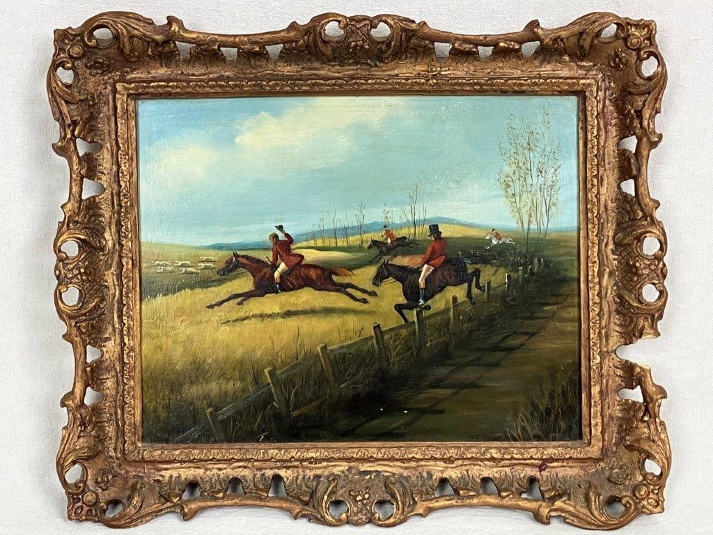 Fox Hunt Scene, Oil on Board: A stunning rendition of a fox hunt scene with hunters and hounds in pursuit of their prey. One rider is jumping the fence while his fellow hunters are at full gallop in pursuit. This masterful oil on