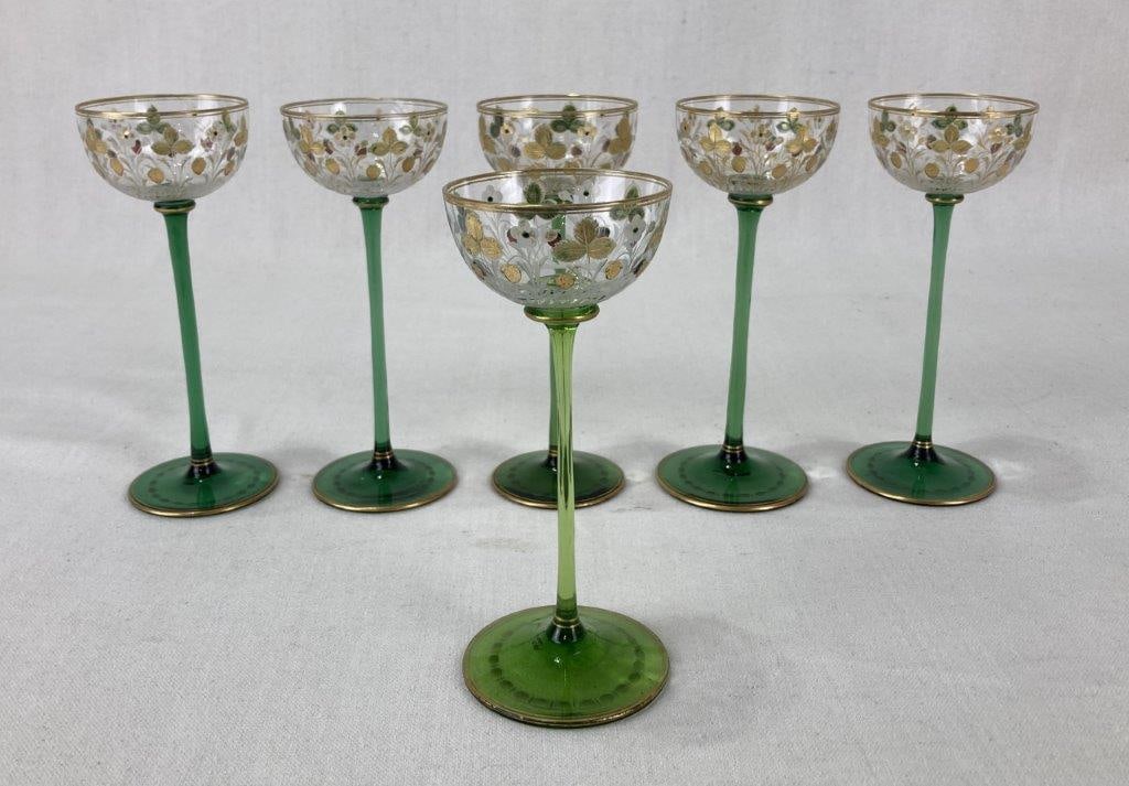 Art Nouveau Gilt and Decorated Glass Stems: A set of high quality Art Nouveau gilt and decorated glass stems, hand blown with finely etched and hand painted designs. Likely Moser. Some loss to the decoration. The largest measures approximately
