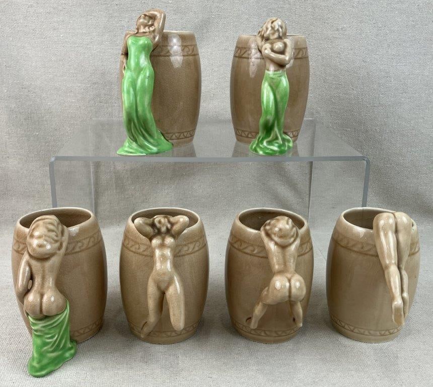 Mid-Century Modern Dorothy Kindell Striptease Figural Mug Set: Highly collectible and complete mid-century modern set features six ceramic barware mugs from Dorothy Kindellâ€™s iconic series, masterfully sculpted with handles modeled as classic