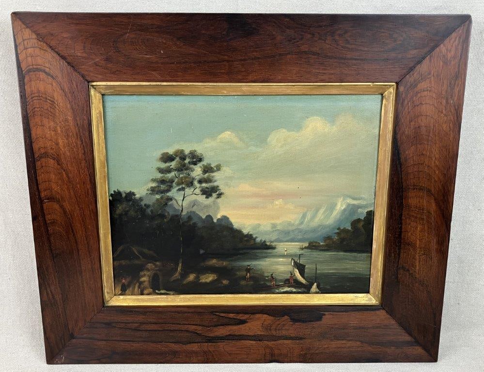 19th Century, Landscape, Oil Painting: This elegant 19th-century oil on board painting depicts a serene body of water set against a backdrop of distant mountains. The foreground is beautifully anchored by a prominent tree and a scene of