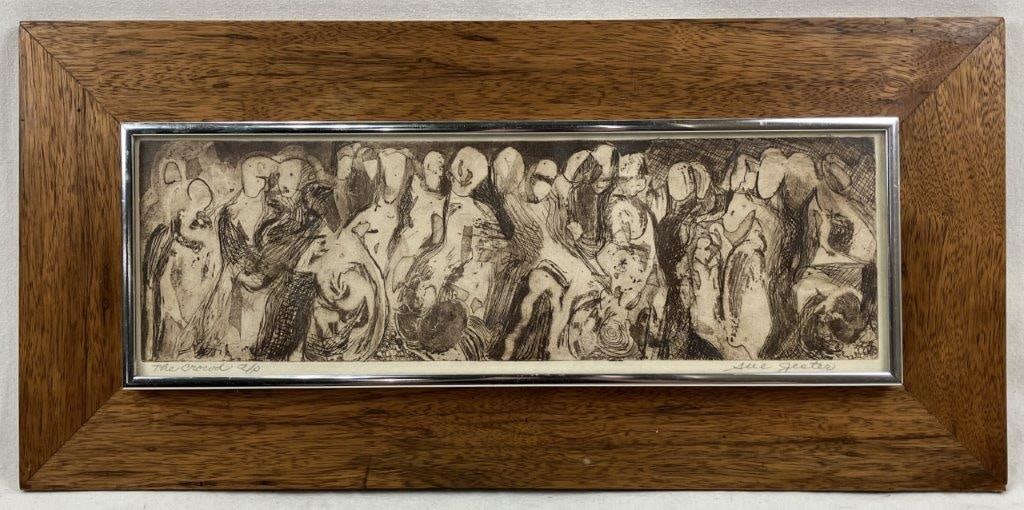 Sue Jester, The Crowd, Etching: This compelling mid-century etching by Sue Jester, a distinguished educator who served as a long-time professor of printmaking and art design at Santa Fe College in Gainesville, Florida, from 1971 to
