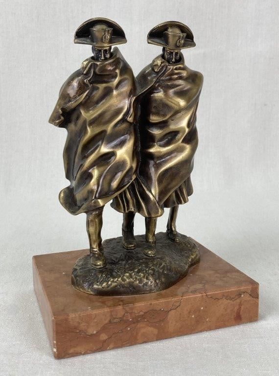 The Carabinieri In The Storm by Antonio Berti: One of the most sought after sculptures from this artist, depicting Carabinieri in the storm. Cast in bronze on a stone base. It measures approximately 8Â½ inches high x 6 inches wide x