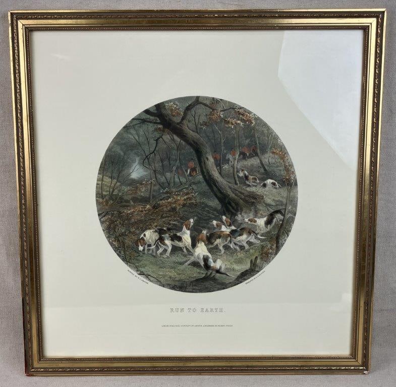 E.G. Hester Engraving, Run to Earth: An English engraving titled "Run to Earth" by E.G. Hester, after the painting by W.J. Shayer. The scene showcases hounds treeing their prey. The engraving is framed and matted in a gilt frame. The