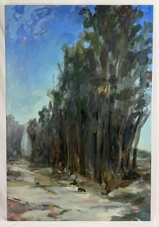 James Radford, Impressionist Landscape, Oil Painting: This commanding, large-scale oil on canvas painting by celebrated Australian artist James Radford beautifully showcases his mastery of natural light and regional landscapes. The vibrant composition