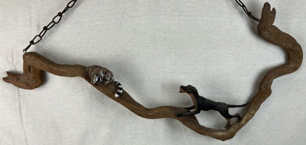 Folk Art Dog and Raccoon Hunting Sculpture - 2
