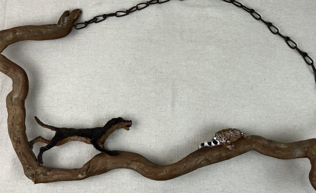 Folk Art Dog and Raccoon Hunting Sculpture - 5