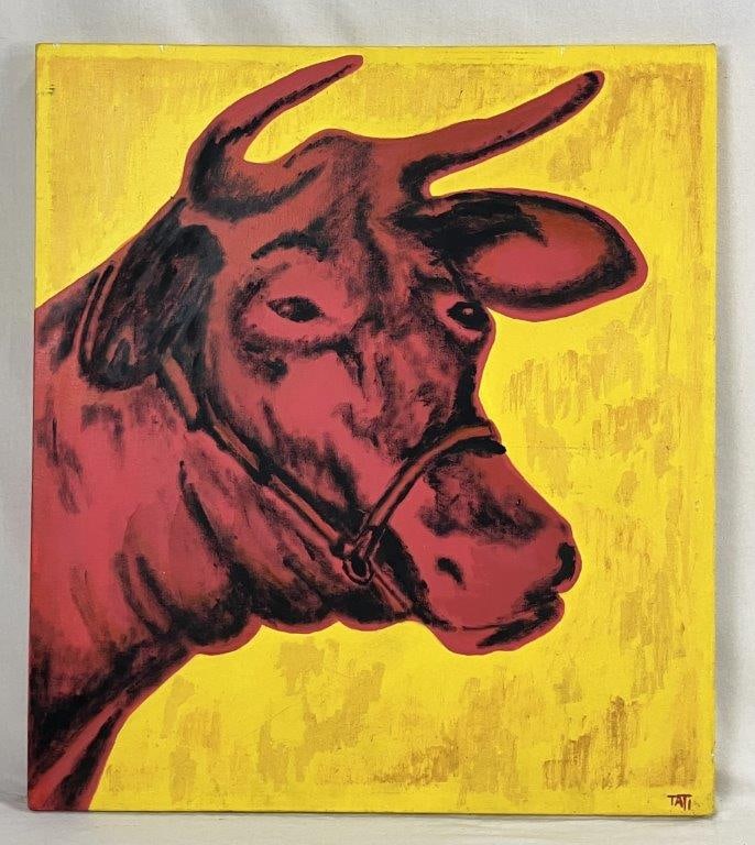 Cow Painting after Andy Warhol, Acrylic: This vibrant acrylic on canvas painting is a bold reproduction inspired by Andy Warhol's iconic Cow series. The composition features a striking bust of a red cow set against a vibrant yellow
