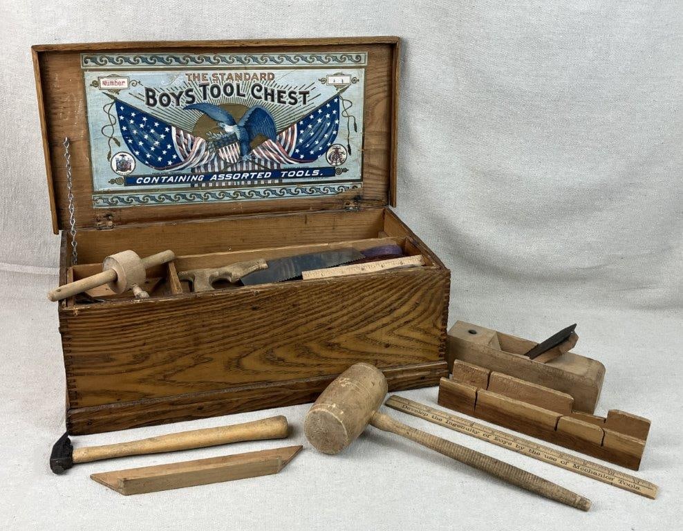 Price Bros Standard Boys Tool Chest, Early 20th Century: This charming early 20th-century "Standard Boys Tool Chest" was manufactured by Price Brothers & Co. of New York, serving as a nostalgic and highly collectible piece of vintage Americana. The