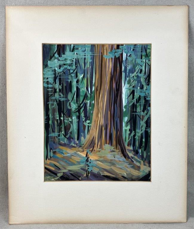 Mid-Century Modern, Forest Landscape, Gouache Painting: This vibrant mid-century gouache painting beautifully captures a dense forest landscape, centering on an ancient, towering tree that is likely a majestic sequoia. Executed on illustration board with