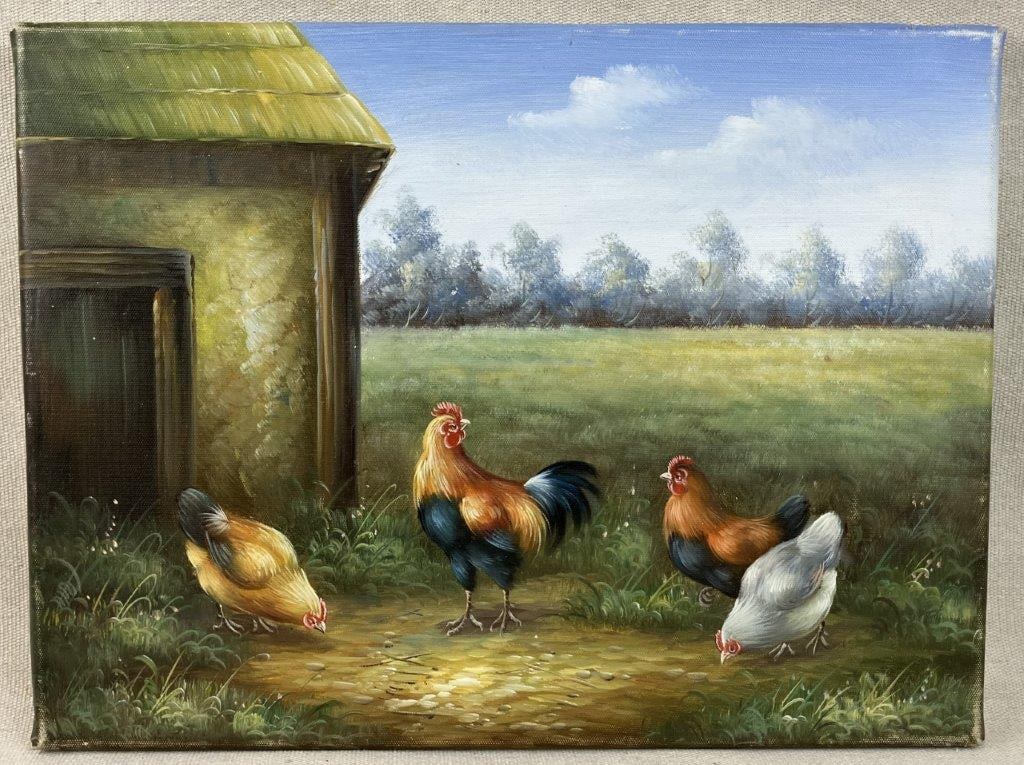 Country Chicken Farm Landscape, Oil Painting: Oil painting beautifully captures an idyllic pastoral scene, featuring a vibrant group of roosters and chickens foraging within a scenic country landscape near a traditional farmhouse. The