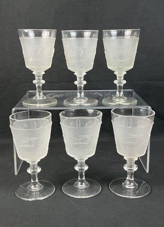 Six Gillinder Westward Ho Glass Water Goblets: 19th-century Early American Pattern Glass (EAPG) compote beautifully showcases the pioneering spirit and exceptional craftsmanship of the historic Gillinder & Sons glassworks of Philadelphia,