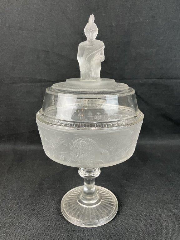 Gillinder Westward Ho Glass Covered Compote: 19th-century Early American Pattern Glass (EAPG) compote beautifully showcases the pioneering spirit and exceptional craftsmanship of the historic Gillinder & Sons glassworks of Philadelphia,