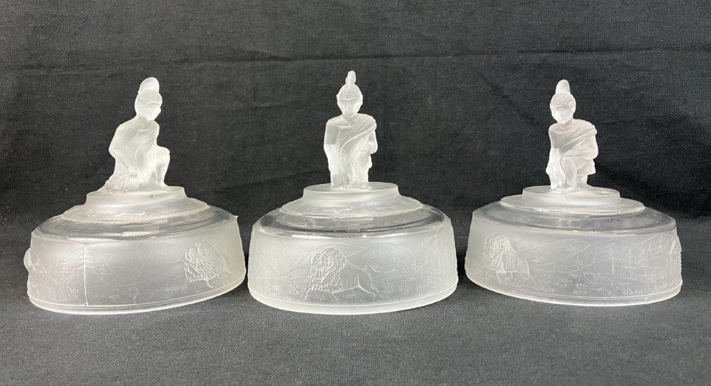 Three Gillinder Westward Ho Glass Covers: Trio includes a round butter lids or cheese lids. 19th-century Early American Pattern Glass (EAPG) compote beautifully showcases the pioneering spirit and exceptional craftsmanship of the historic Gil