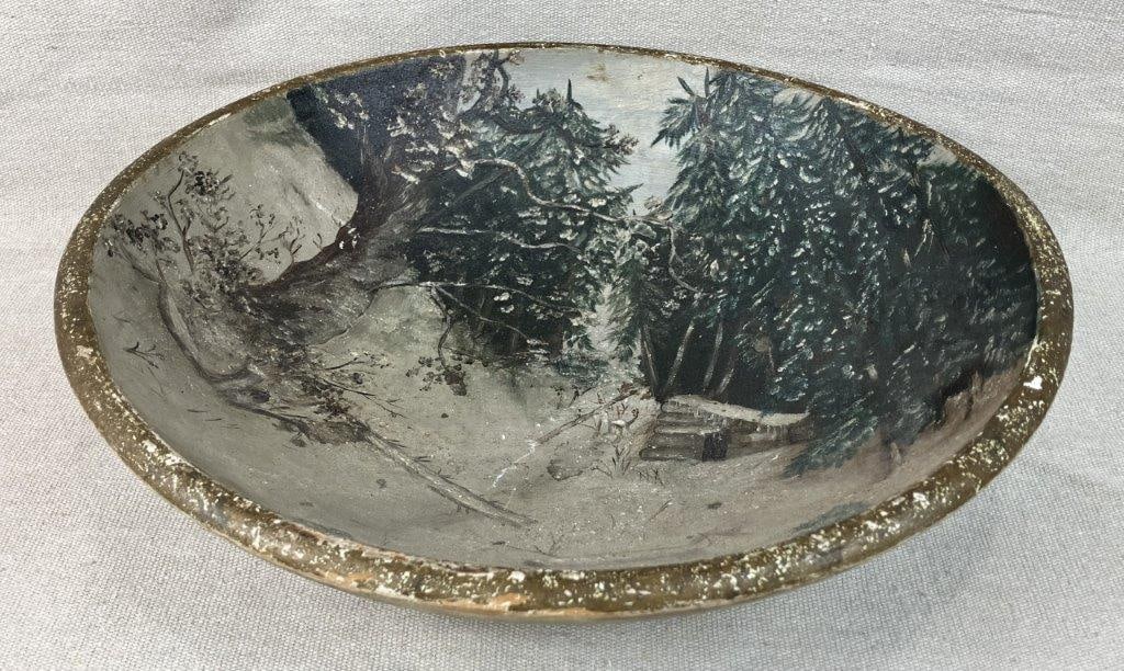Folk Art Painted Winter Landscape Dough Bowl - 2