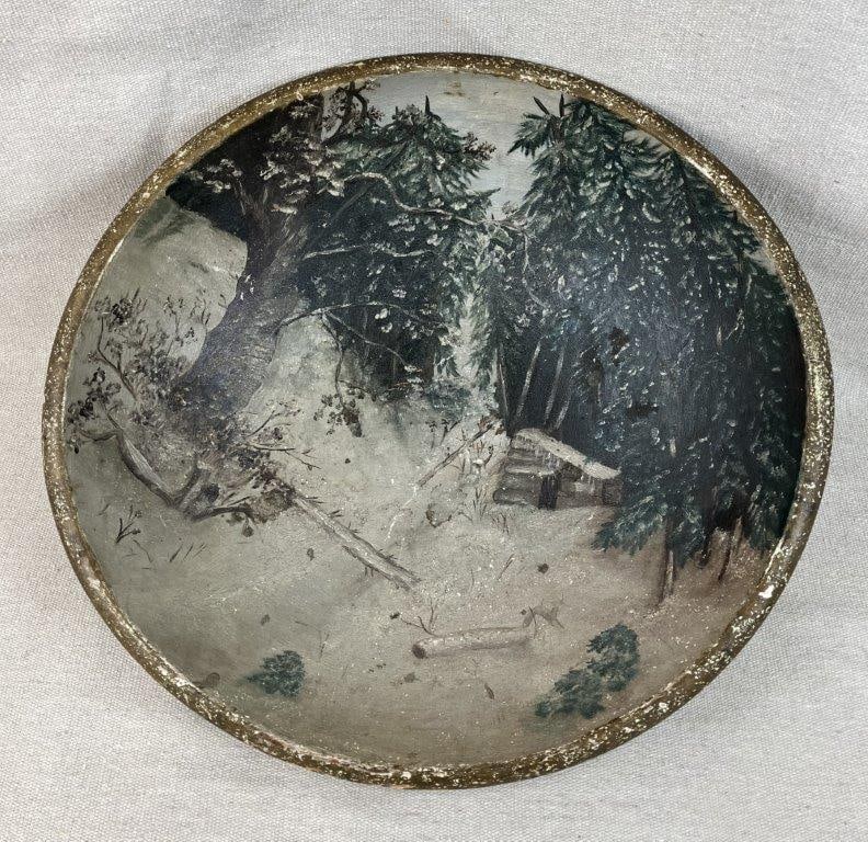 Folk Art Painted Winter Landscape Dough Bowl - 3