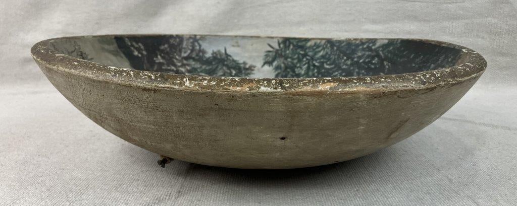 Folk Art Painted Winter Landscape Dough Bowl - 5