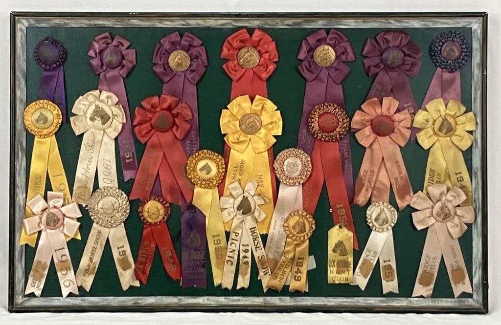 Assortment of Mid-Century Prize Horse Ribbons: Nostalgic assortment captures the competitive spirit and equestrian tradition of the mid-20th century, featuring an array of vibrant prize ribbons all professionally mounted within a single,