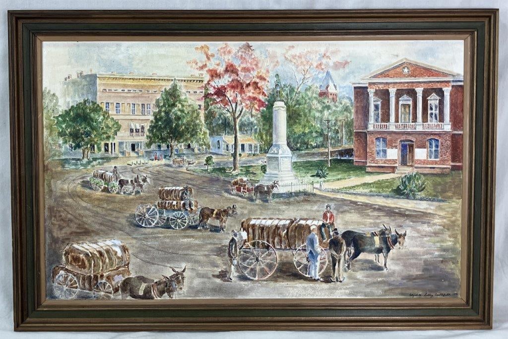 Elizabeth Salley Crutchfield, Southern Cityscape: A 20th century watercolor southern cityscape by Elizabeth Salley Crutchfield of Columbia, South Carolina. The scene depicts African Americans on horse-drawn carts selling cotton in a bustling city