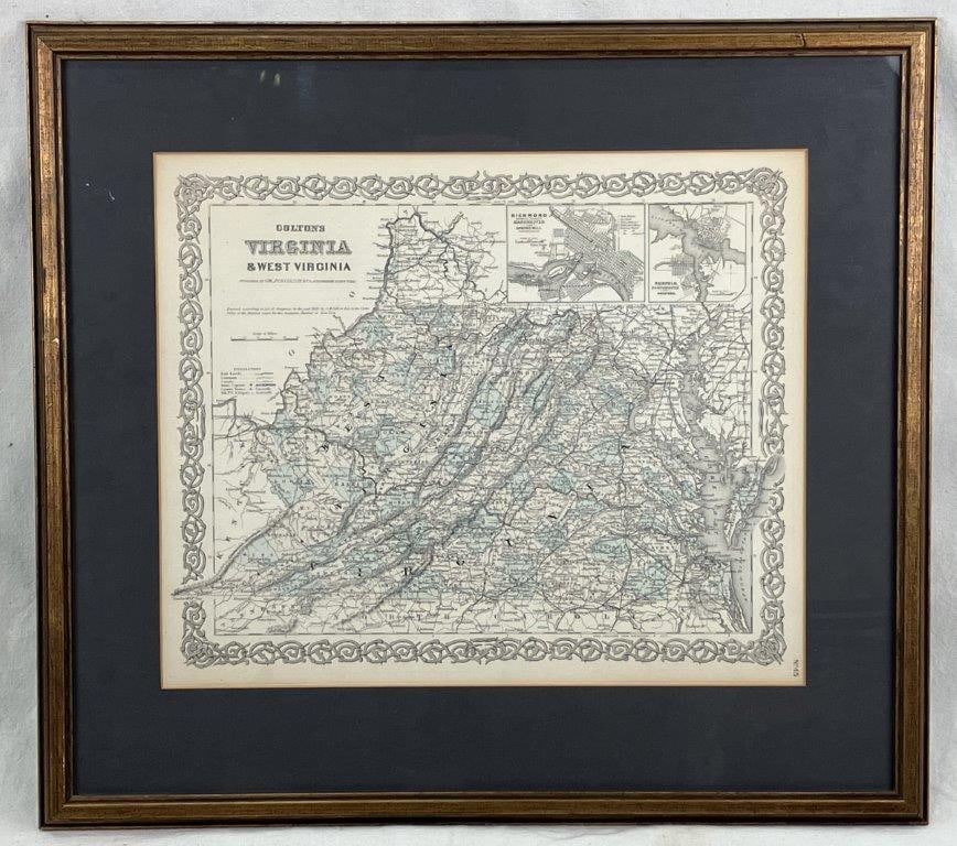 19th-Century Colton's Map of Virginia and West Virginia: Distinguished 19th-century cartographic work, published by the renowned firm of G.W. & C.B. Colton and Company, serves as a beautiful historical document of the American landscape. Executed as a