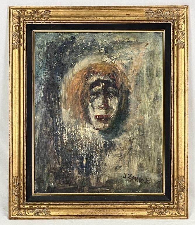 Joye Zarick, Expressionist Portrait, Oil Painting: This mid-20th-century oil painting by American Expressionist artist Joye Zarick features a heavily textured, atmospheric style where a central, clown-like melancholic face emerges from an abstract,