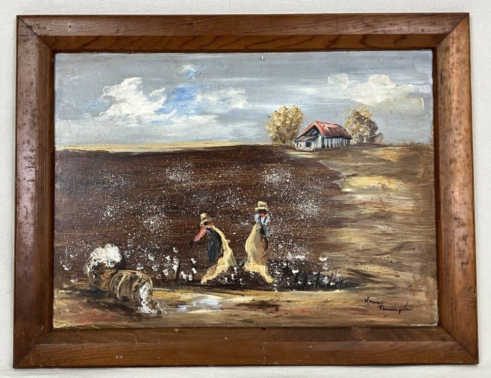 Louise Pennington, Black Americana Southern Folk Art, Oil Painting: Evocative oil on board painting by celebrated Southern folk artist Louise Pennington beautifully captures a poignant snapshot of regional culture and rural life. The composition skillfully depicts two