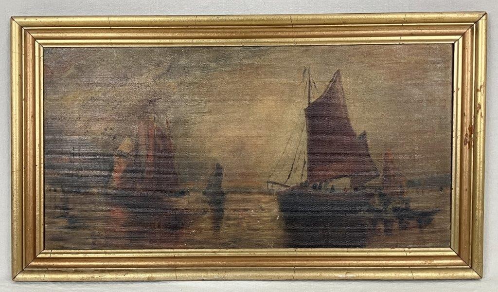 Late 19th Century, Maritime Ships Seascape, Oil Painting: This peaceful oil on canvas painting depicts a tranquil harbor scene filled with European-style sailing boats, beautifully capturing the calm essence of historic maritime life. Housed in an elegant