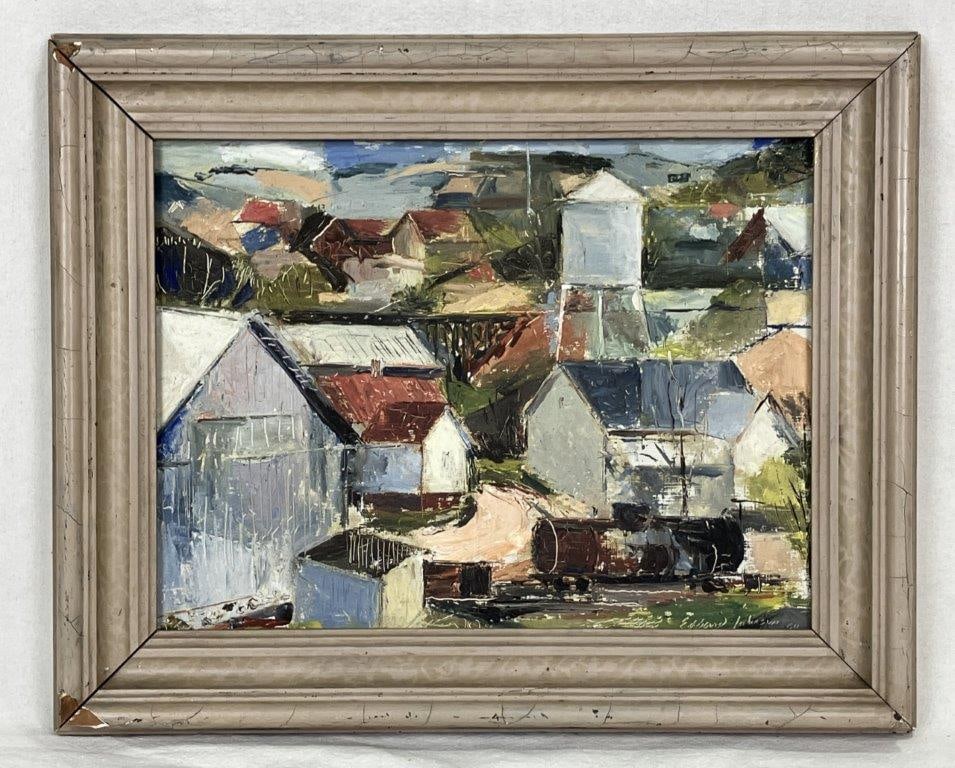 Edward Johonson, Abstract Landscape, Oil Painting: This mid-20th-century modernist oil on board painting by Edward Johnson features an engaging abstract landscape, deftly reducing farm structures and the surrounding terrain into flat, geometric