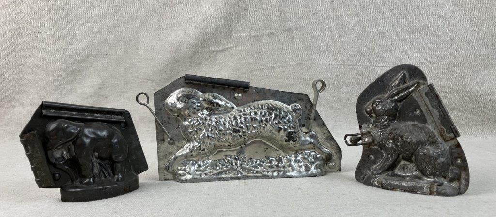 Tin Rabbit and Elephant Candy Molds: This charming collection of three tin confectionery molds,one from Germany and one from France, features two delightful rabbits and a classic elephant. Perfect for holiday treat-making or as
