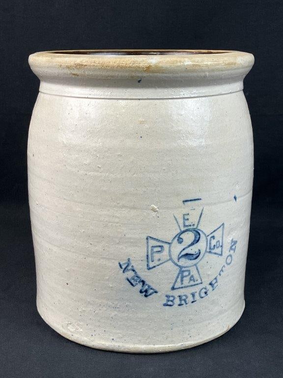 New Brighton Salt-Glazed Stoneware Crock: This antique, late-19th-century salt-glazed stoneware crock features a two-gallon capacity and was produced by Enterprise Pottery of New Brighton, Pennsylvania, a maker frequently stamped as "P.E. Co.