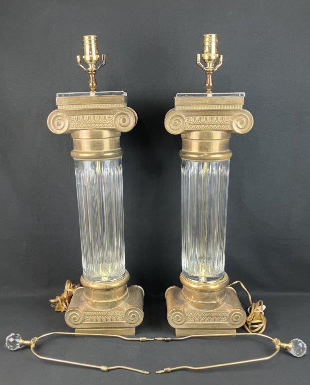 Pair of Neoclassical Style Brass and Glass Columnar Lamps - 2