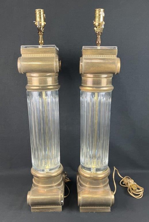 Pair of Neoclassical Style Brass and Glass Columnar Lamps - 4