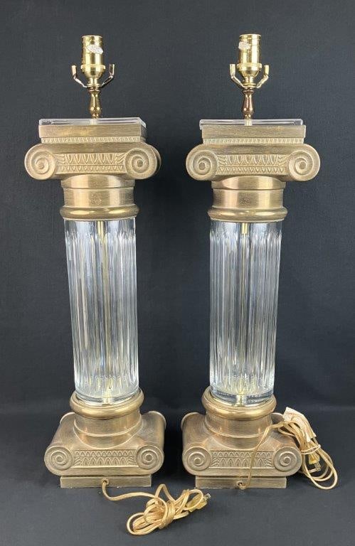 Pair of Neoclassical Style Brass and Glass Columnar Lamps - 5