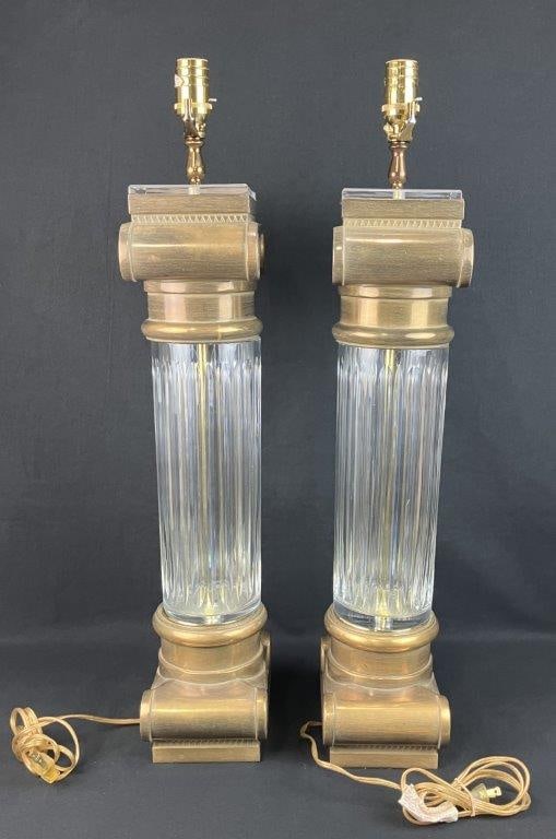 Pair of Neoclassical Style Brass and Glass Columnar Lamps - 6