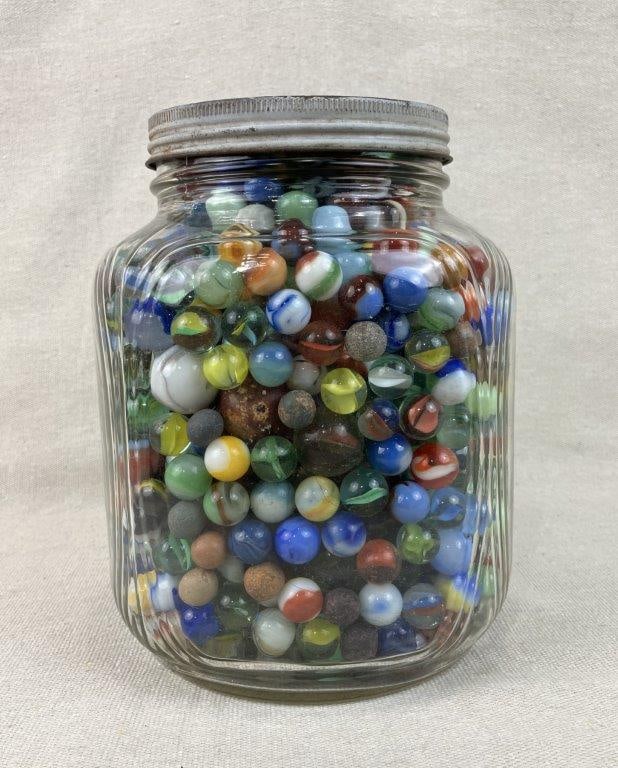 Large Duraglas Ribbed Glass Jar of Marbles - 2