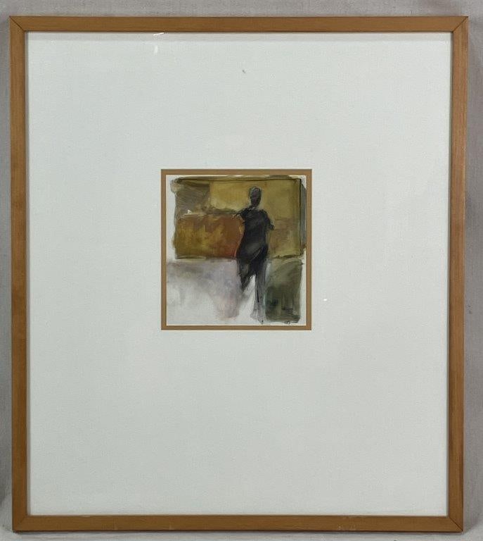 Modernist Figural Abstract, Watercolor Painting: A modernist watercolor painting depicting a solitary, silhouetted human figure captured mid-action and rendered with quick, gestural brush strokes. The figure is set against a blocked-out background