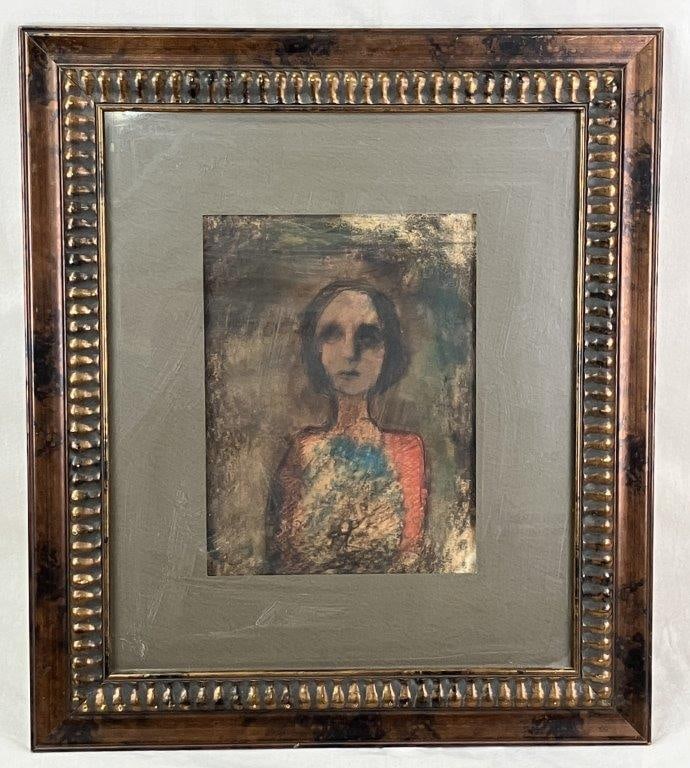 20th Century, Expressionist Portrait of Woman, Oil Pastel: This evocative oil pastel painting on paper features an expressionist depiction of a woman characterized by an elongated neck, a muted facial structure, and oversized, hauntingly deep eyes. Set
