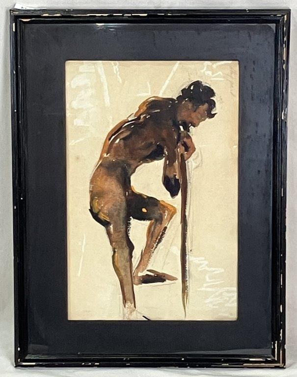 20th Century, Male Nude Figure, Watercolor Painting: This watercolor painting on paper features a stylized male nude figure study dominated by warm, earthy tones. The composition depicts a muscular figure in a dynamic profile stance against a pole,