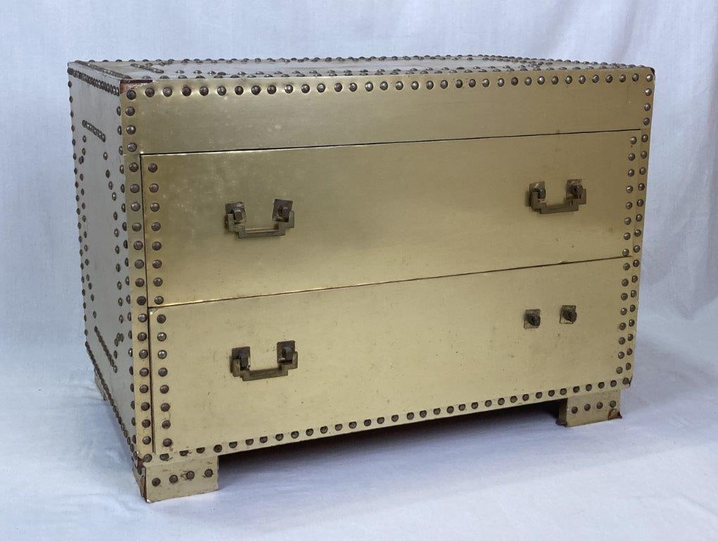 Mid Century Modern Sarreid Brass Clad Chest: A handsome mid-century modern Sarreid brass clad chest featuring a two-drawer design with rich brass cladding over the case. The piece exhibits classic 1970s modernist styling with clean lines and