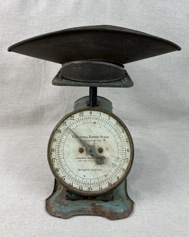 Columbia Family General Store Scale: This exceptional antique "Columbia" family scale was produced by the renowned manufacturers Landers, Frary & Clark of New Britain, Connecticut, serving as a quintessential piece of early American