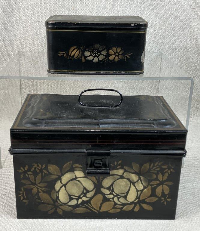 Two Black Toleware Floral Boxes: Two black toleware boxes showcase classic hand-painted floral designs against a rich, dark background. The collection features unique individual details, including one box adorned with the