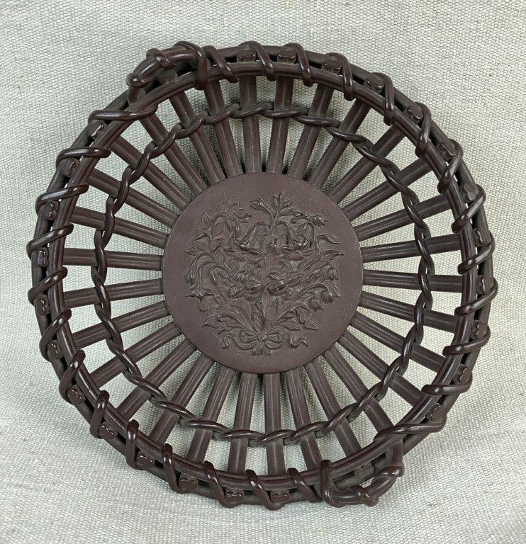 BÃ¶ttger Stoneware Flower Basket: This elegant BÃ¶ttger stoneware flower basket showcases the rich, deep brown body and fine craftsmanship historically associated with this highly collectible German ceramic. The piece
