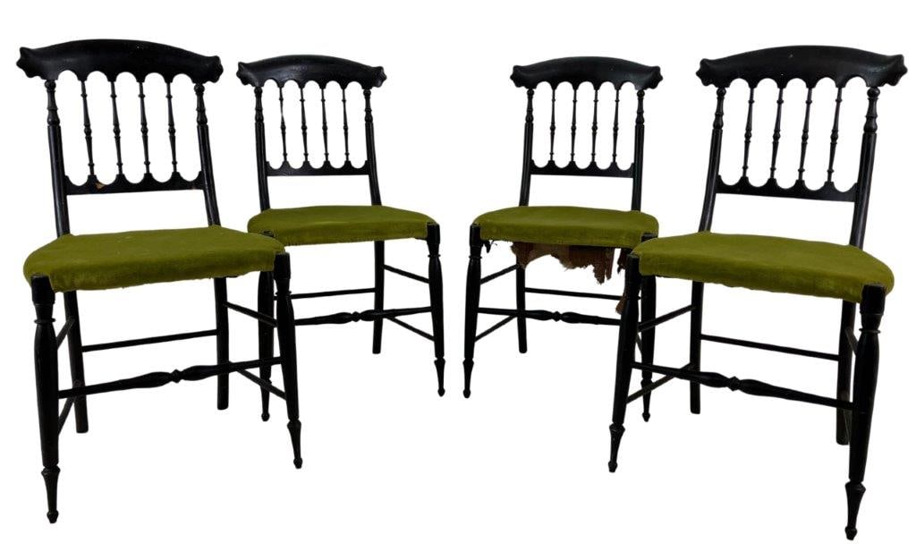 Four Italian Chiavari Chairs: A set of four Italian Chiavari chairs featuring shaped back rails with delicately turned spindles, chartreuse velvet upholstery, and finely turned front legs with stretchers. Each chair measures appro
