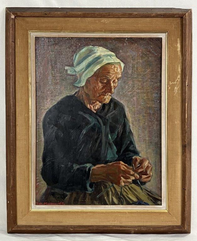 Joseph Margulies, Portrait of Elderly Woman, Oil Painting: This oil on board painting by Austrian-born American artist Joseph Margulies depicts an elderly woman knitting. The artwork is signed "Jos. Margulies" in the bottom left corner and is housed in a