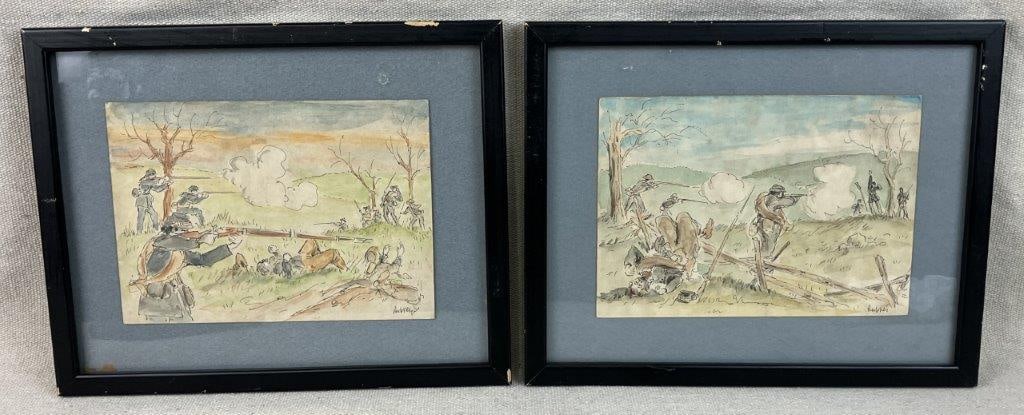Pair of 20th-Century Civil War Battle Landscape, Watercolor: This compelling pair of 20th-century illustrations offers a unique, caricature-style interpretation of a serious historical subject, capturing the conflict between Union and Confederate soldiers.