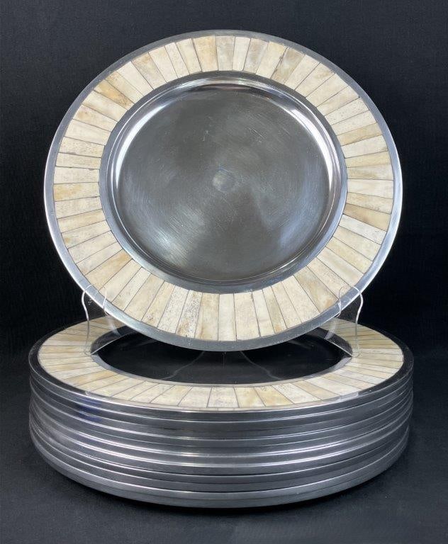 Polished Pewter and Mosaic Bone Charger Plate: This striking eleven-piece collection of decorative service charger plates by Charge It by Jay beautifully blends rich natural textures with a sleek, metallic finish. Each charger features a