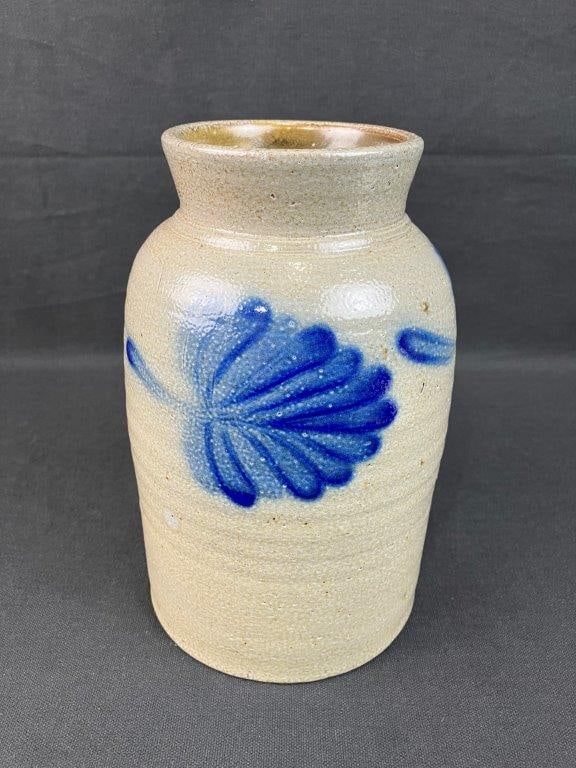 Beaumont Pottery Salt Glaze Stoneware Jar: A beautiful salt-glaze stoneware jar crafted in Seagrove, North Carolina, by master potter Jerry Beaumont of Beaumont Pottery. Dated 1993, the vessel features hand-painted cobalt blue plant and